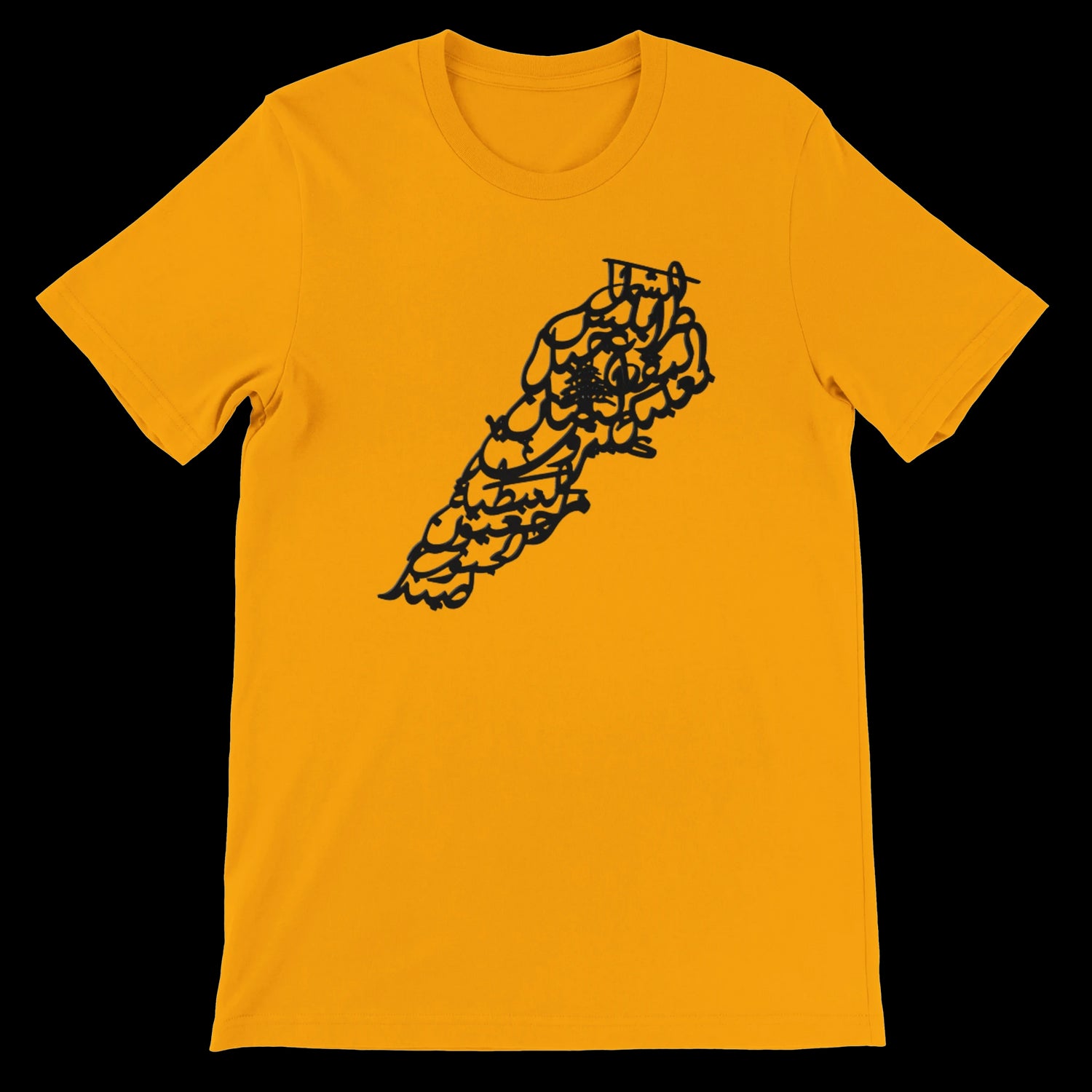 Gold tee with black Lebanon map in Arabic calligraphy.