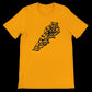 Gold tee with black Lebanon map in Arabic calligraphy.