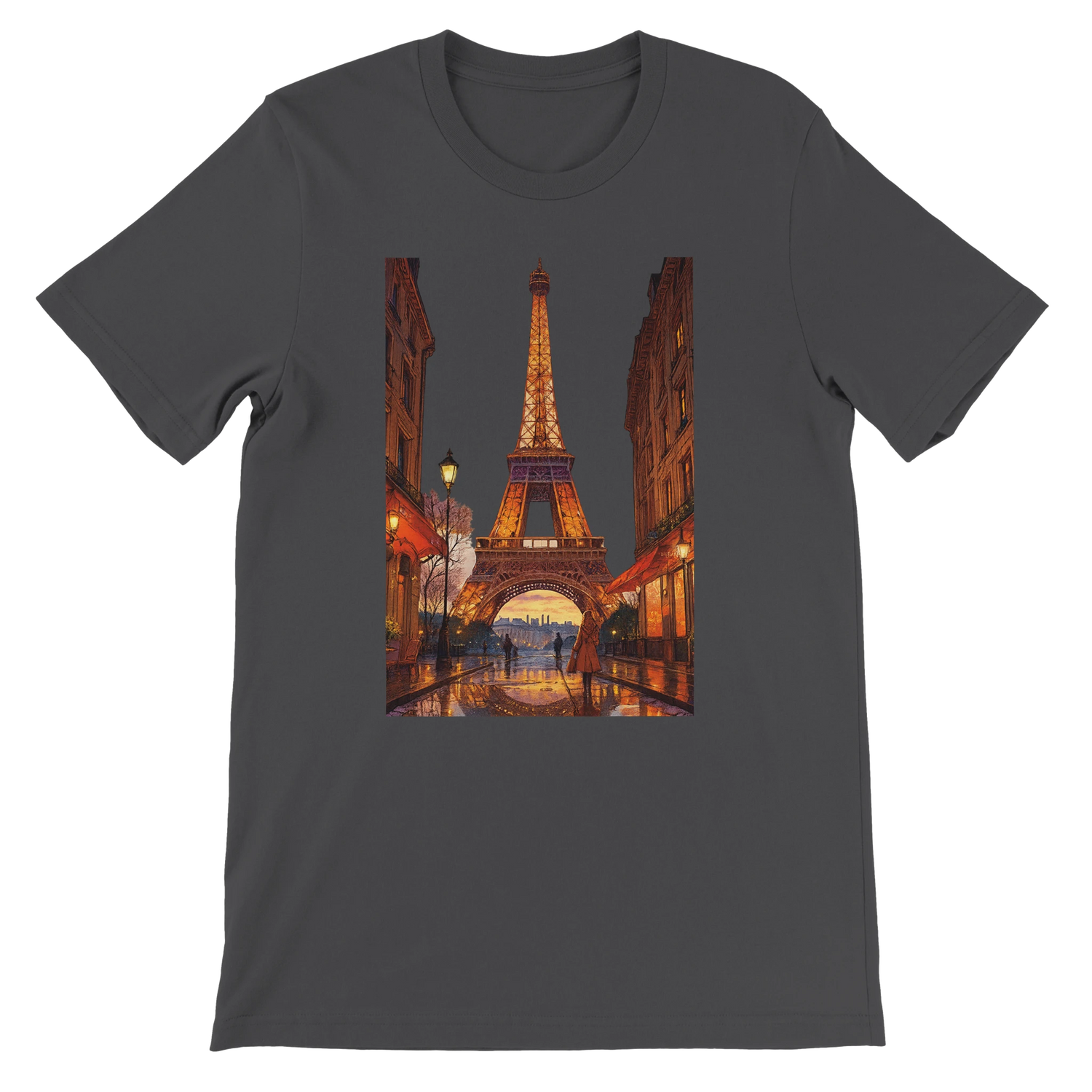 Dark grey unisex t-shirt with animated Eiffel Tower Paris design for stylish travelers and streetwear lovers premium breathable cotton comfortable fit eco friendly materials perfect for global culture fashion and print on demand clothing