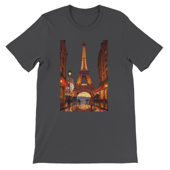 Dark grey unisex t-shirt with animated Eiffel Tower Paris design for stylish travelers and streetwear lovers premium breathable cotton comfortable fit eco friendly materials perfect for global culture fashion and print on demand clothing