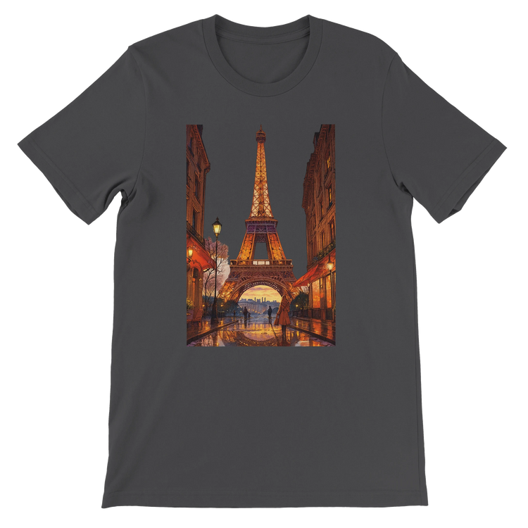 Dark grey unisex t-shirt with animated Eiffel Tower Paris design for stylish travelers and streetwear lovers premium breathable cotton comfortable fit eco friendly materials perfect for global culture fashion and print on demand clothing