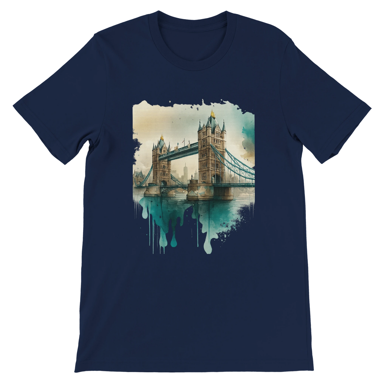 Navy blue Tower Bridge graphic t-shirt inspired by London’s iconic landmark – urban apparel with streetwear vibe, soft fabric, DTG-optimized print area, and global travel aesthetics.
