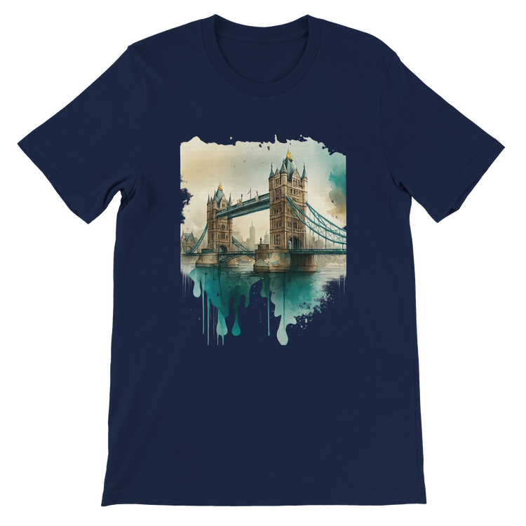Navy blue Tower Bridge graphic t-shirt inspired by London’s iconic landmark – urban apparel with streetwear vibe, soft fabric, DTG-optimized print area, and global travel aesthetics.