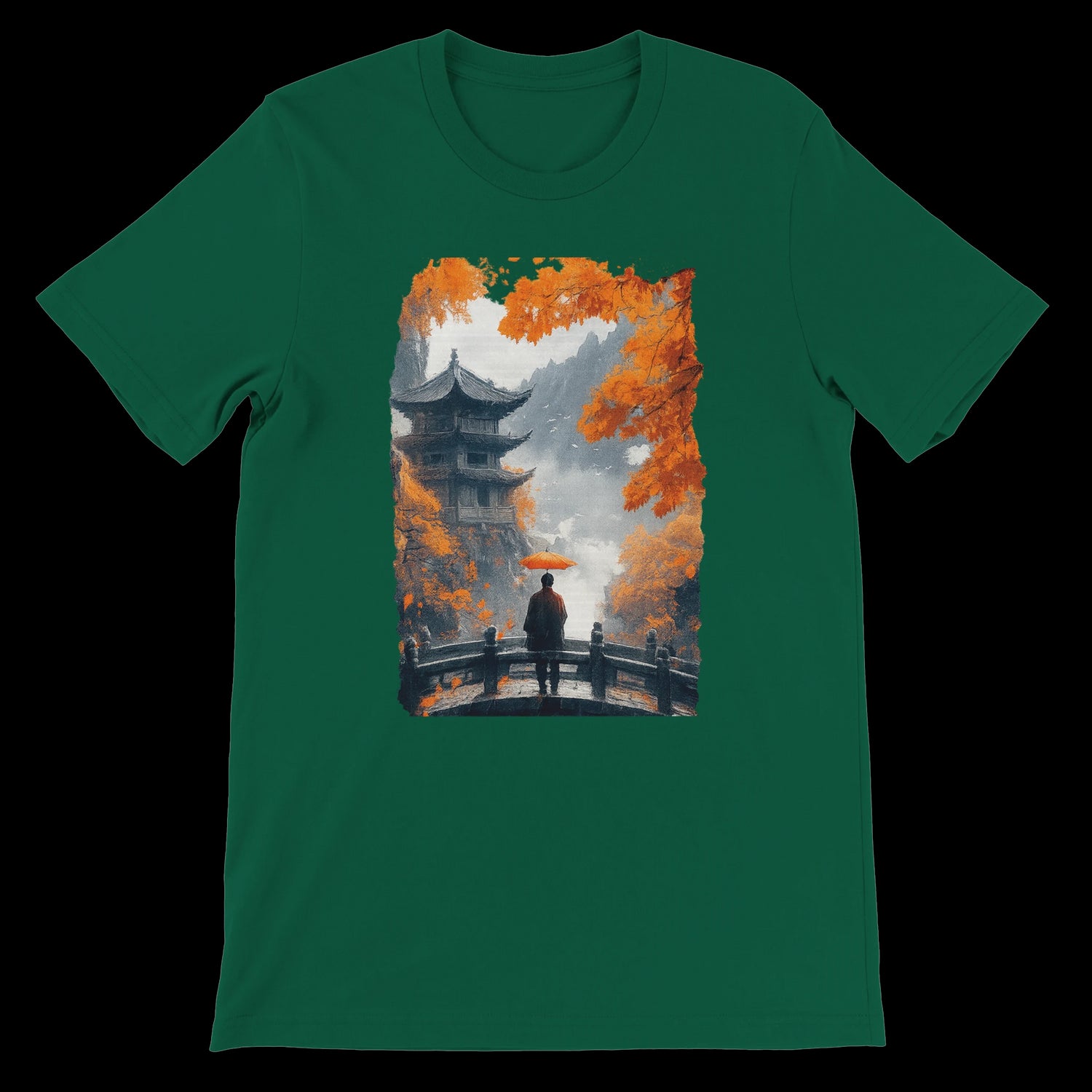 Evergreen t-shirt with animated Asian pagoda and red umbrella design.