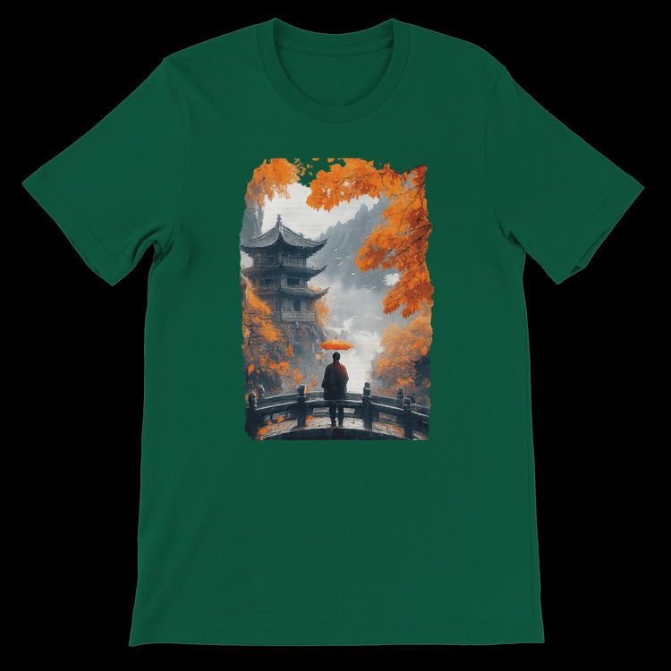 Evergreen t-shirt with animated Asian pagoda and red umbrella design.