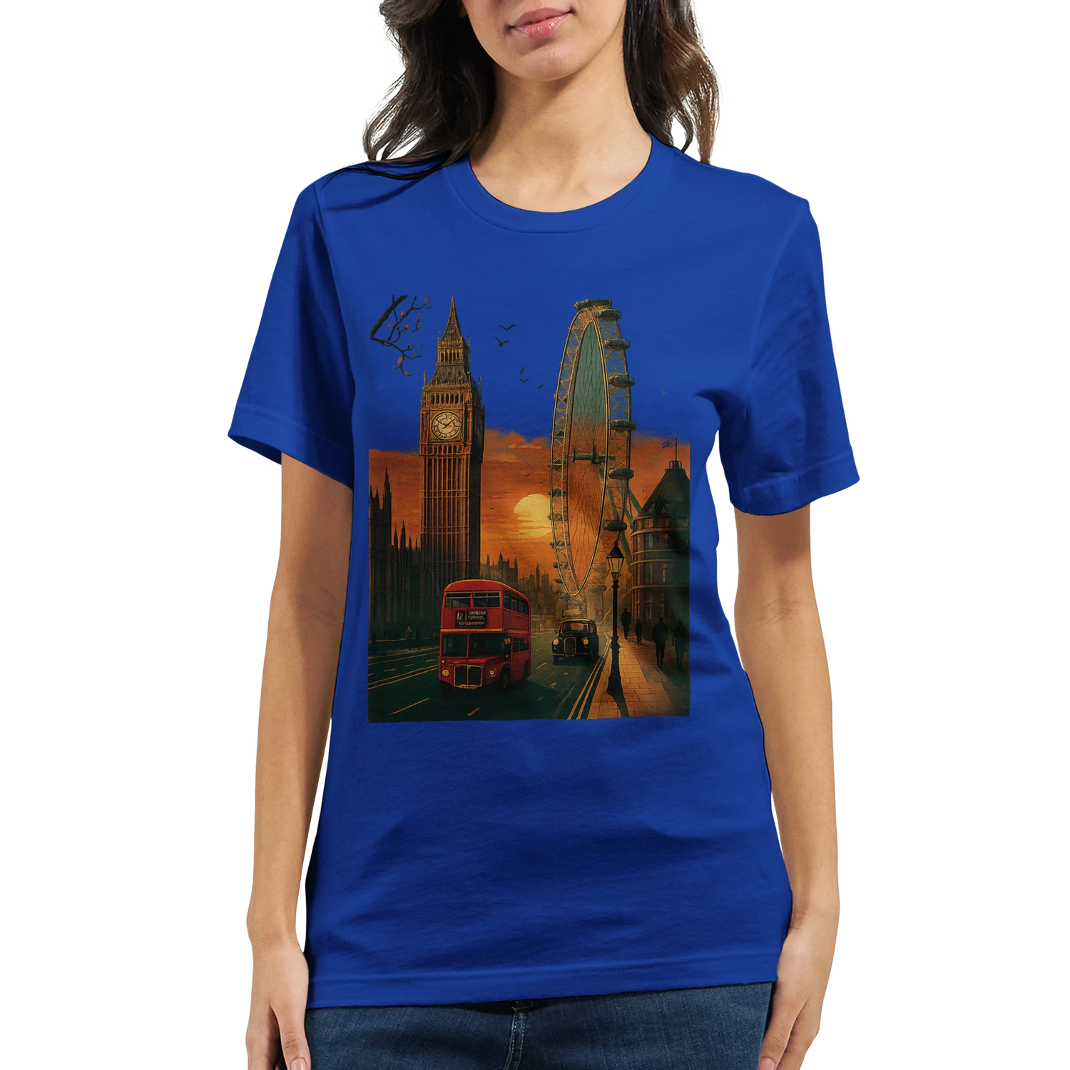 London cityscape graphic T-shirt featuring iconic Big Ben and animated skyline design soft cotton urban style tee ideal for travelers streetwear lovers and cultural fashion enthusiasts