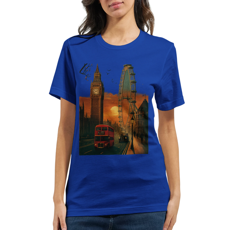 London cityscape graphic T-shirt featuring iconic Big Ben and animated skyline design soft cotton urban style tee ideal for travelers streetwear lovers and cultural fashion enthusiasts