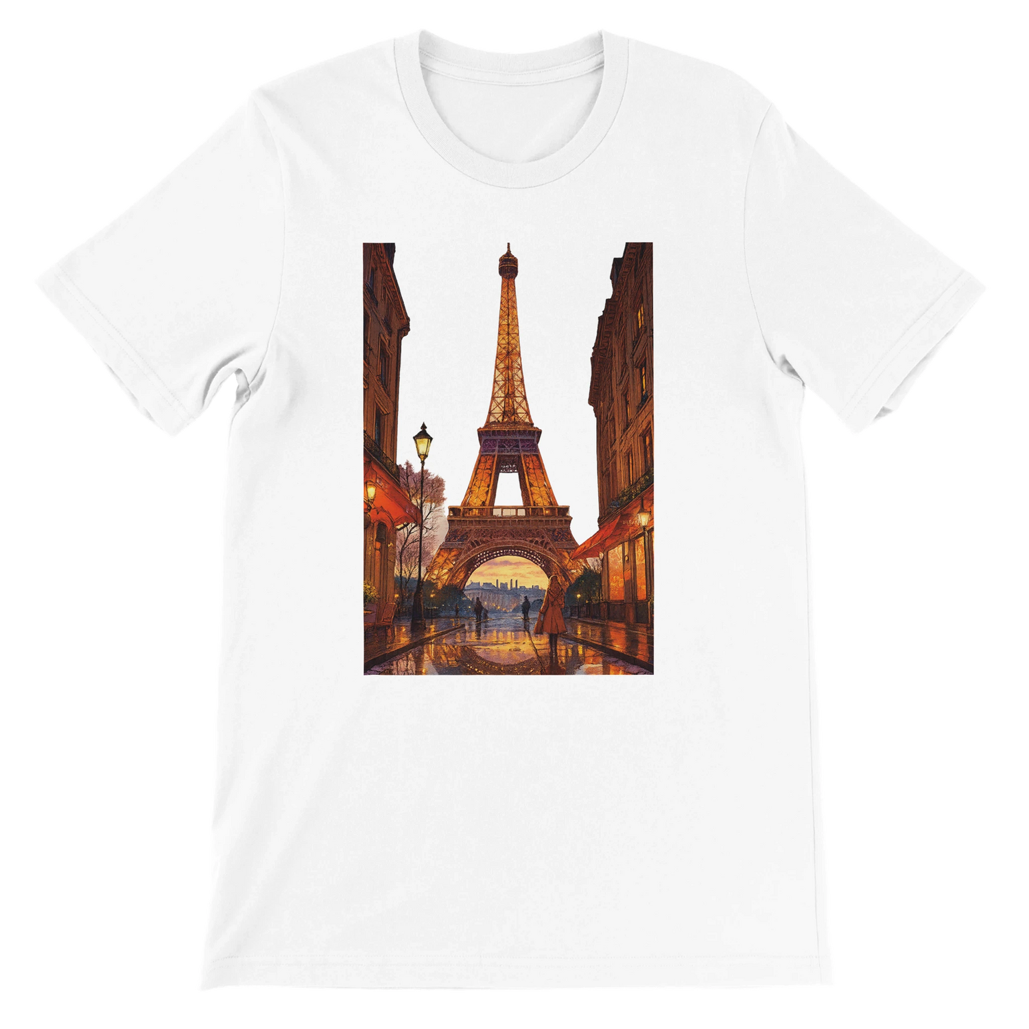 White unisex t-shirt with animated Eiffel Tower Paris design in vibrant artistic style featuring premium 100 percent cotton fabric soft breathable material perfect for streetwear lovers travelers and global culture fashion fans print on demand eco friendly apparel