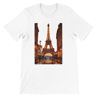 White unisex t-shirt with animated Eiffel Tower Paris design in vibrant artistic style featuring premium 100 percent cotton fabric soft breathable material perfect for streetwear lovers travelers and global culture fashion fans print on demand eco friendly apparel