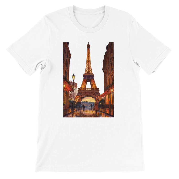 White unisex t-shirt with animated Eiffel Tower Paris design in vibrant artistic style featuring premium 100 percent cotton fabric soft breathable material perfect for streetwear lovers travelers and global culture fashion fans print on demand eco friendly apparel