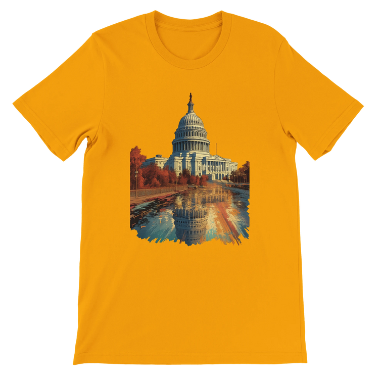 Gold graphic tee featuring animated White House artwork representing Washington DC. DTG-optimized premium cotton shirt designed for global streetwear fans who love iconic landmarks and modern travel fashion.
