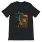 Black Christ the Redeemer animated art t-shirt with Rio de Janeiro Brazil travel landmark design. DTG printed soft cotton streetwear tee for global culture lovers and modern travelers.