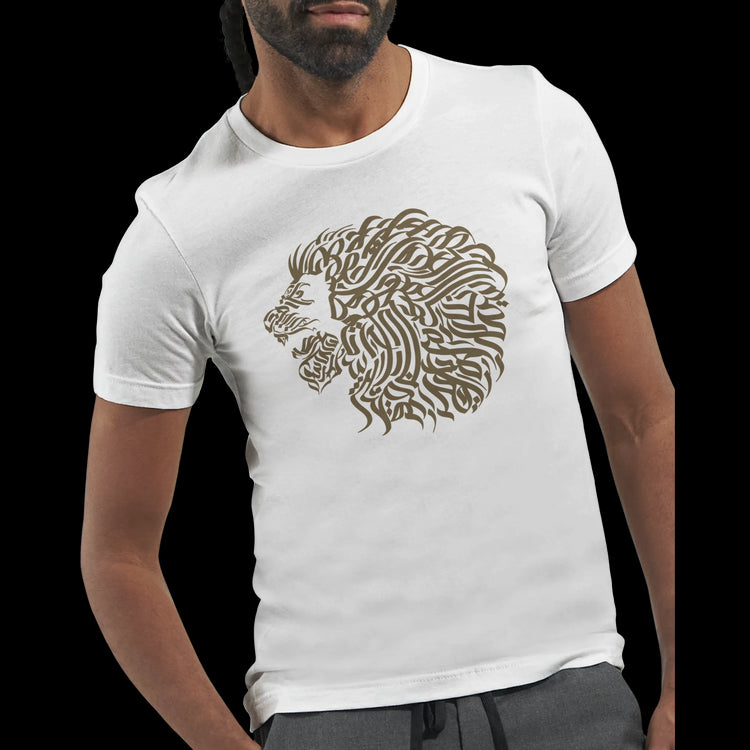 Soft cotton t-shirt with modern Islamic calligraphy in gold. DTG-optimized shirt for streetwear collections, modest fashion influencers, or anyone embracing cultural heritage in their wardrobe.