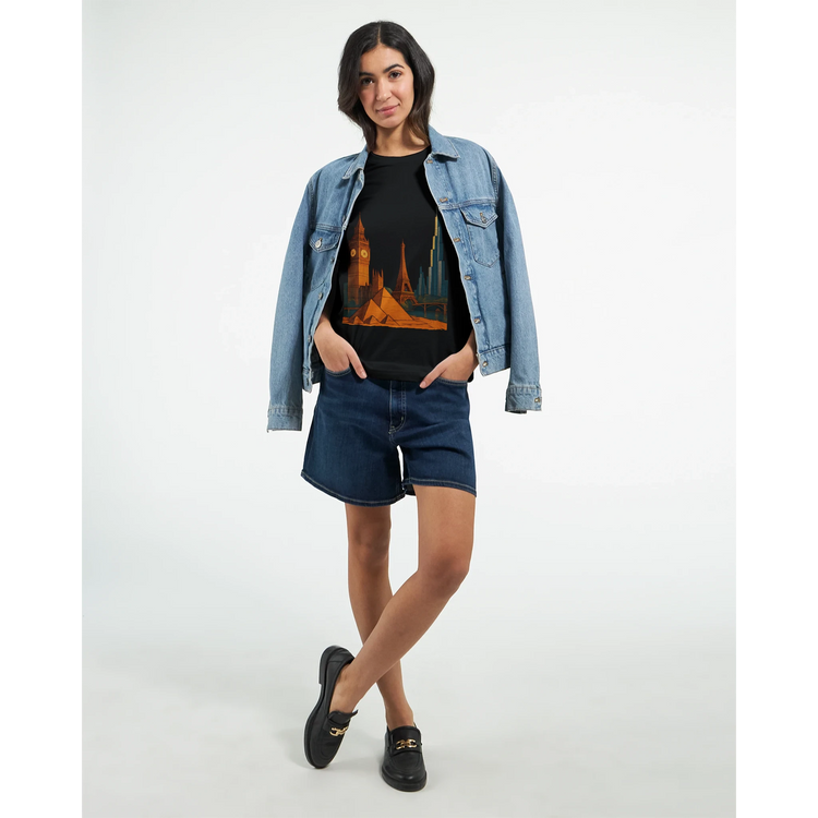 City Landmarks Animated T Shirt for travel lovers featuring colorful cartoon style illustrations of the Eiffel Tower Pyramids and Big Ben. Premium soft cotton streetwear tee perfect for vacation outfits cultural exploration and global fashion expression.