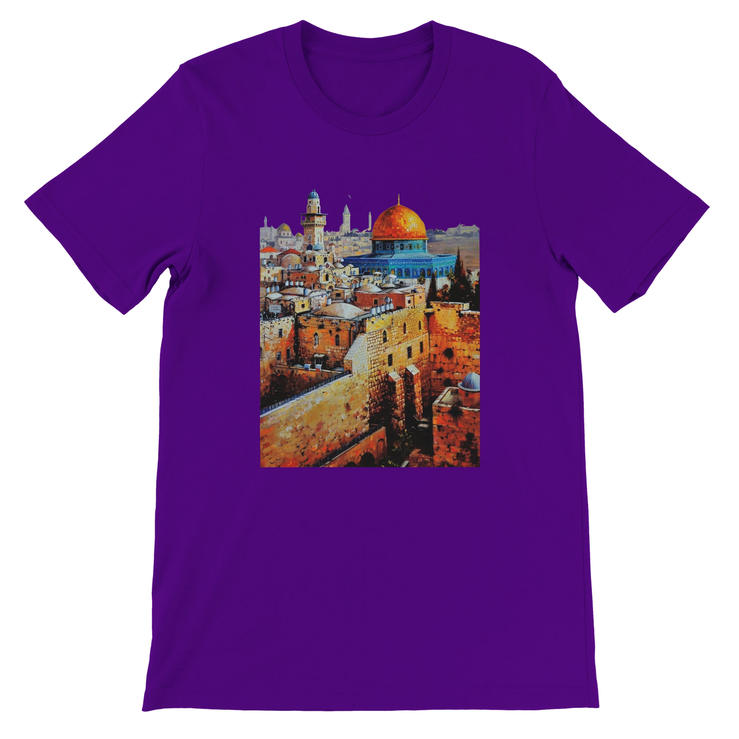 Team purple Al Aqsa Mosque animated style mosque graphic T-shirt with vibrant artistic print. Premium unisex cotton tee ideal for cultural heritage fashion streetwear outfits and travel inspired clothing.