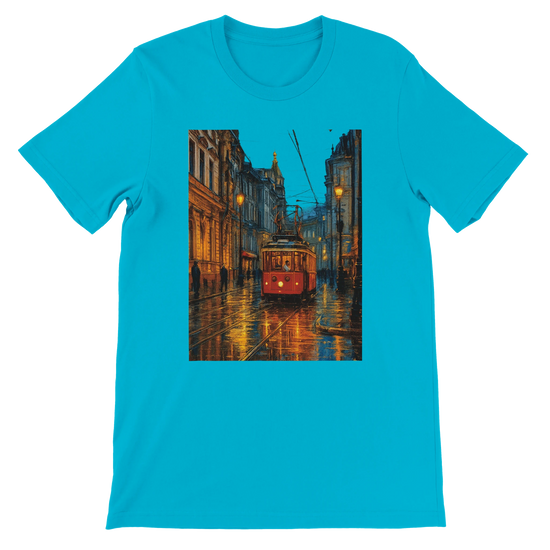 Turquoise animated Istanbul Taksim Street t-shirt in premium cotton perfect for travel inspired streetwear vibrant world landmark art lovers and stylish unisex graphic tee collections
