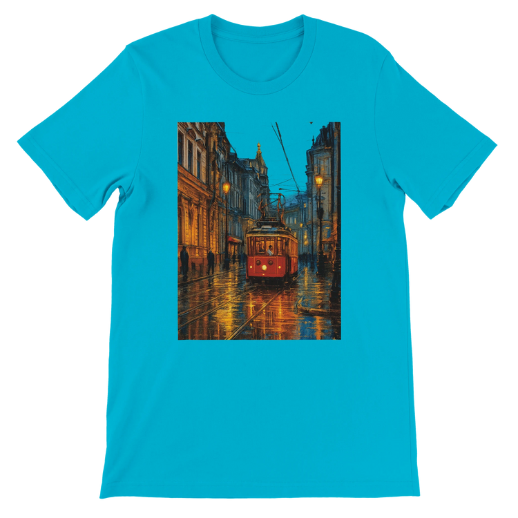 Turquoise animated Istanbul Taksim Street t-shirt in premium cotton perfect for travel inspired streetwear vibrant world landmark art lovers and stylish unisex graphic tee collections