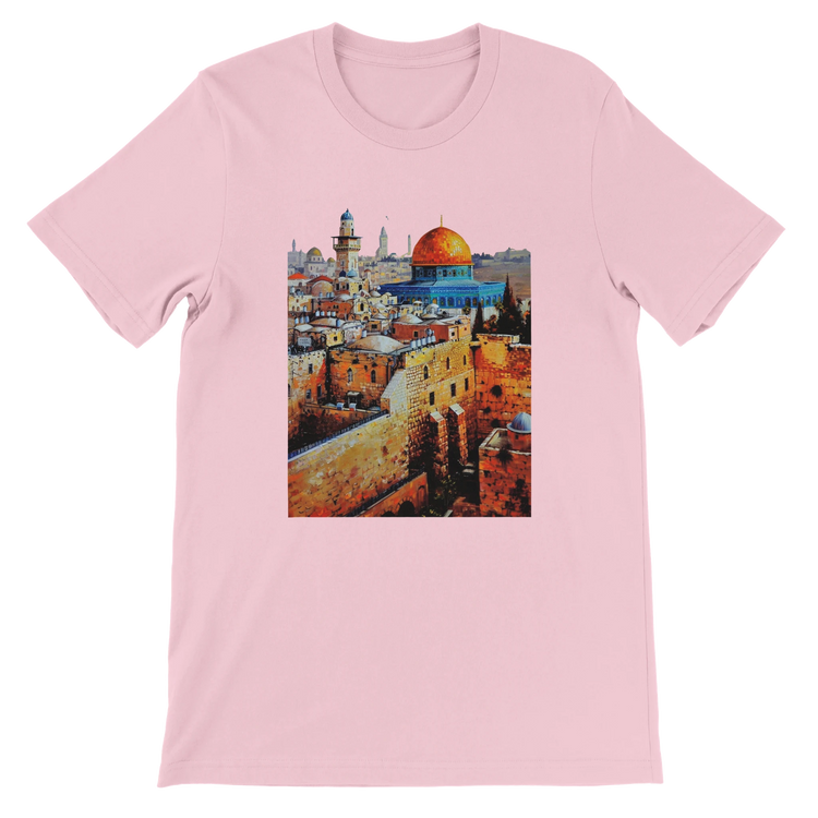 Pink Al Aqsa Mosque animated landmark T-shirt featuring bright artistic mosque illustration on high quality unisex cotton shirt. Ideal for travelers art lovers and street style fans who embrace cultural heritage fashion.