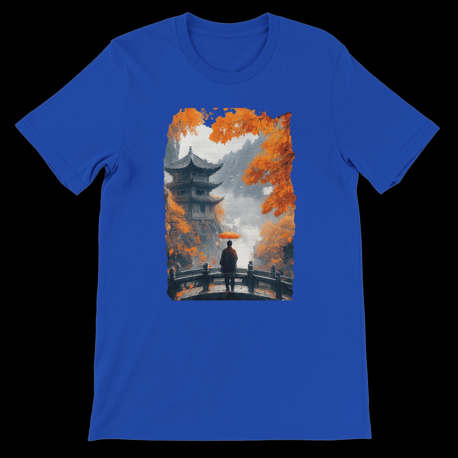 Royal blue tee with an Asian pagoda and vivid red umbrella print.
