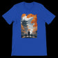 Royal blue tee with an Asian pagoda and vivid red umbrella print.