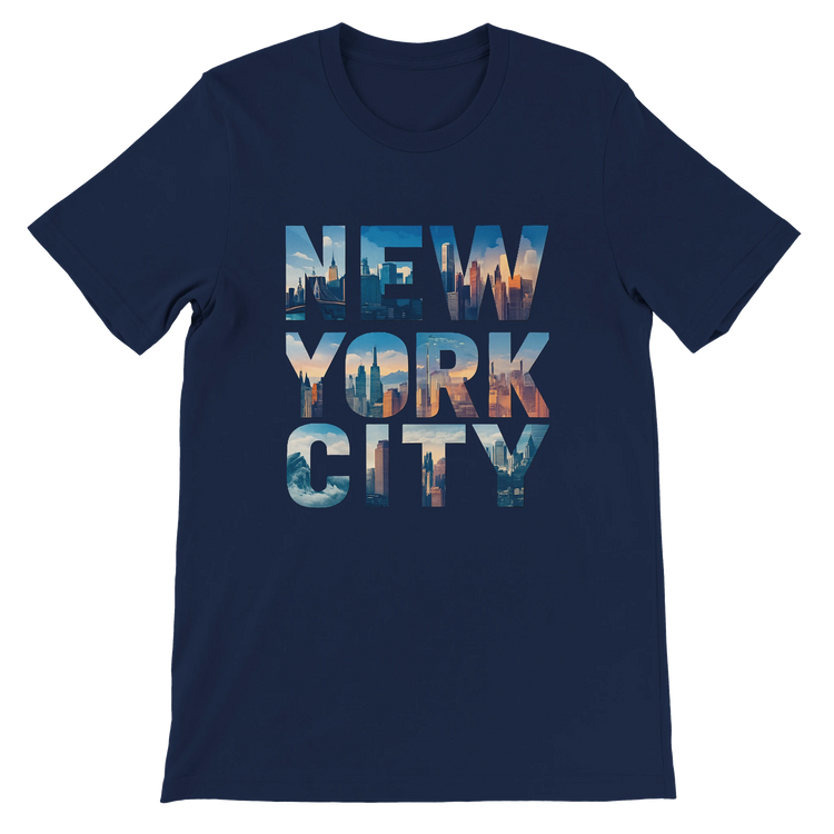 Navy New York City skyline graphic t shirt animated landmark design in premium cotton stylish travel inspired tee perfect for streetwear lovers and modern city fashion