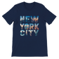 Navy New York City skyline graphic t shirt animated landmark design in premium cotton stylish travel inspired tee perfect for streetwear lovers and modern city fashion