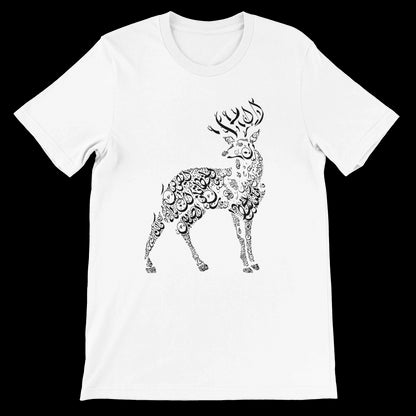 White calligraphy t-shirt featuring modern Arabic art and deer design on premium cotton. Soft and breathable unisex tee perfect for DTG printing and cultural streetwear looks. Ideal for minimalist fashion and personalized style.