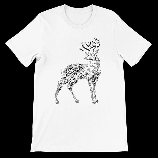 White calligraphy t-shirt featuring modern Arabic art and deer design on premium cotton. Soft and breathable unisex tee perfect for DTG printing and cultural streetwear looks. Ideal for minimalist fashion and personalized style.