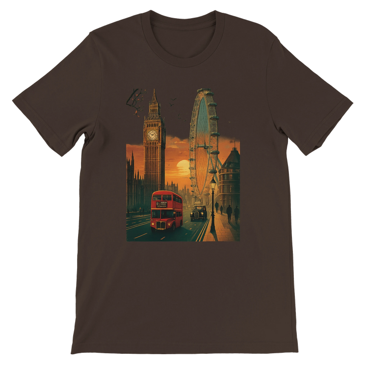 Brown London City Animated Style T-shirt with vibrant landmark graphic cotton DTG printed travel shirt perfect for casual streetwear and global culture inspired looks