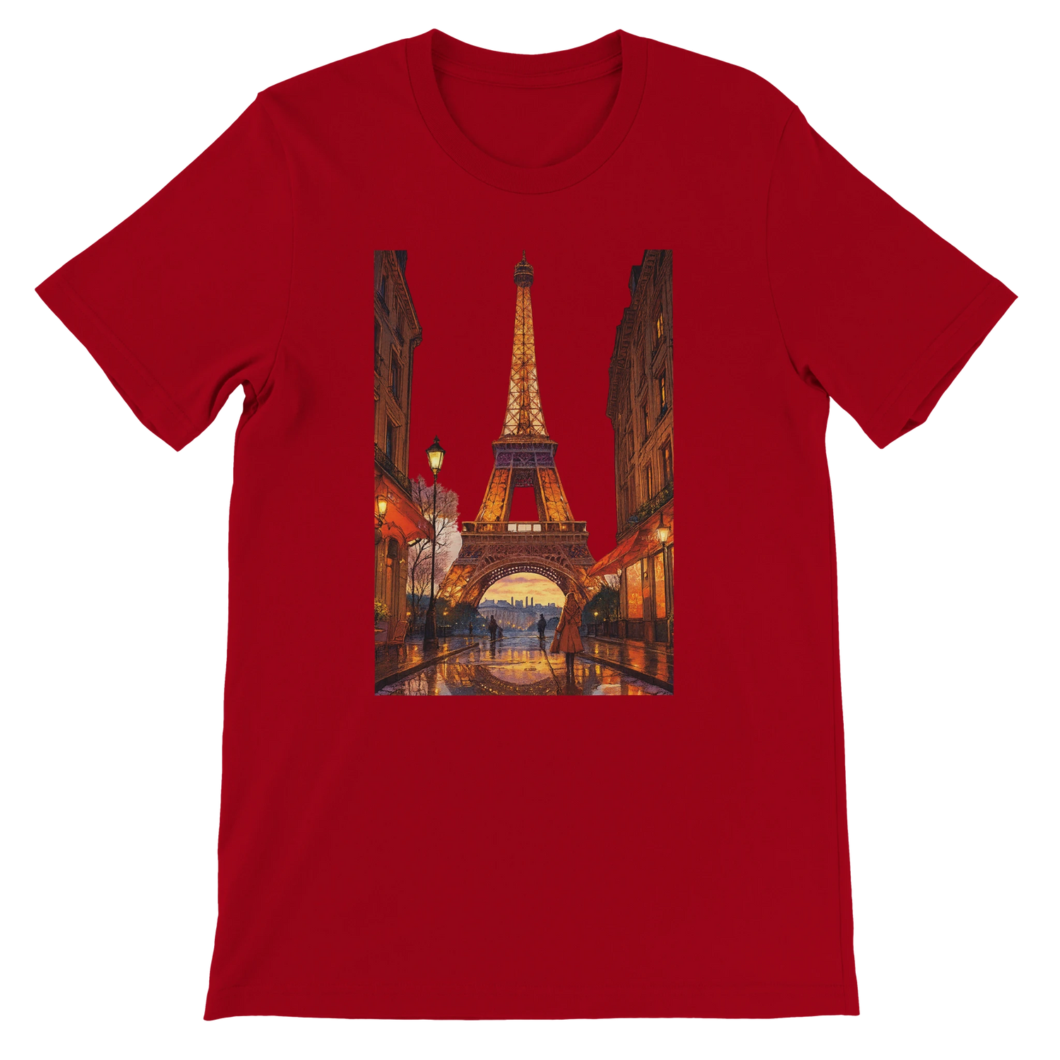 Red animated Eiffel Tower Paris t-shirt in bold travel themed graphic style crafted from premium breathable cotton unisex fit ideal for streetwear fashion lovers global culture enthusiasts and eco friendly print on demand apparel