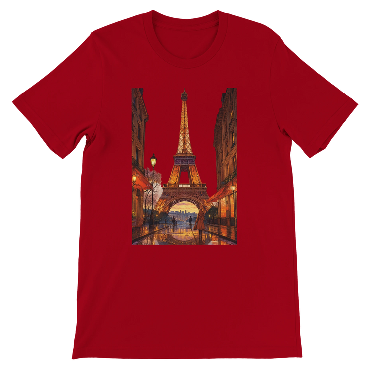 Red animated Eiffel Tower Paris t-shirt in bold travel themed graphic style crafted from premium breathable cotton unisex fit ideal for streetwear fashion lovers global culture enthusiasts and eco friendly print on demand apparel
