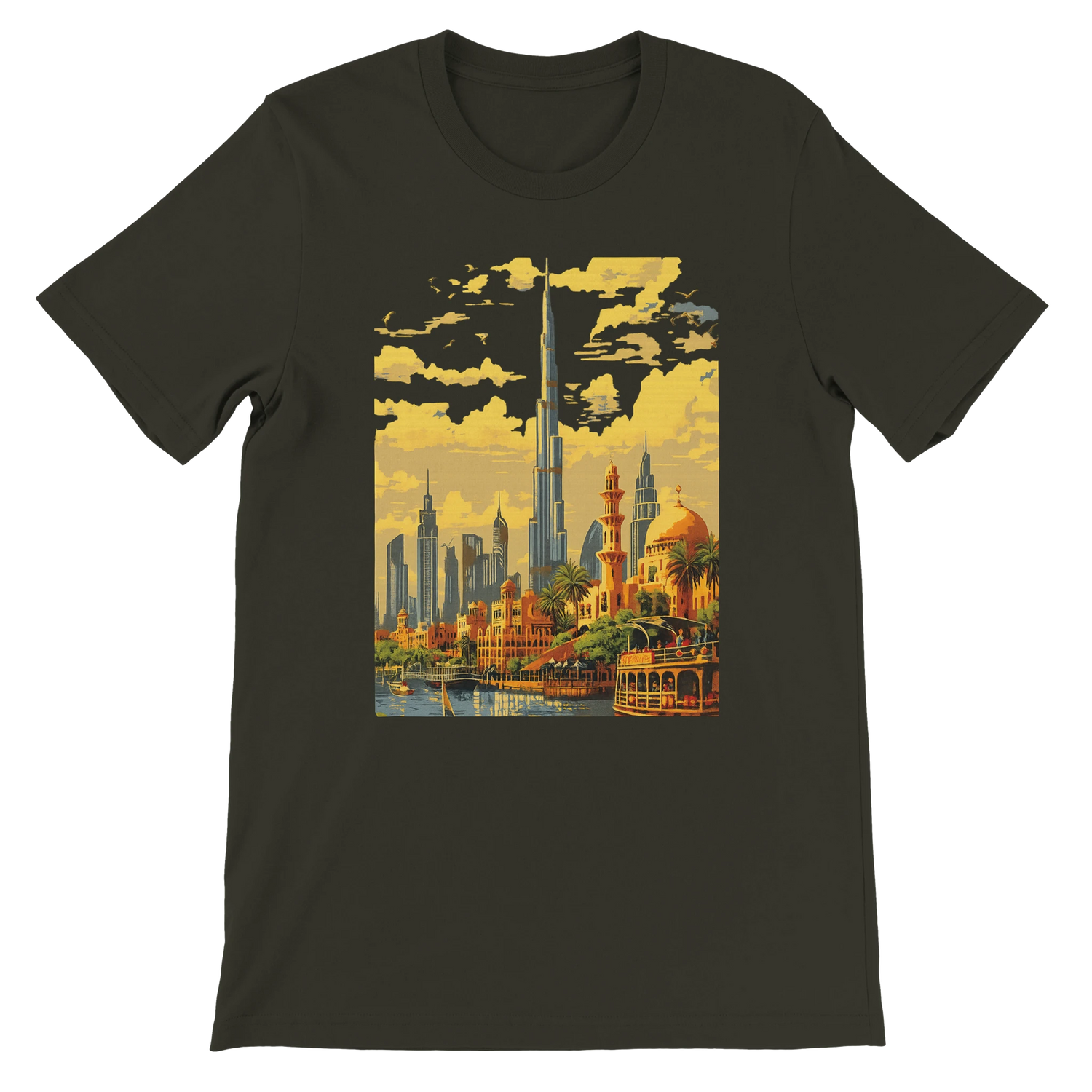 Dark olive Burj Khalifa Dubai animated skyline t shirt featuring vivid landmark illustration for global travel lovers architecture fans and streetwear culture enthusiasts made from premium cotton fabric perfect for casual wear and city fashion looks