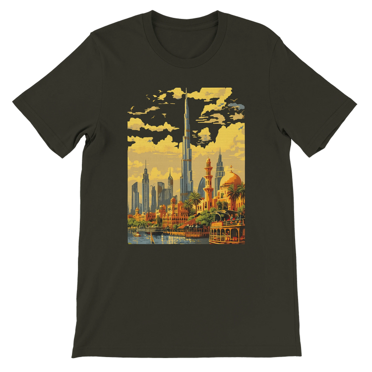 Dark olive Burj Khalifa Dubai animated skyline t shirt featuring vivid landmark illustration for global travel lovers architecture fans and streetwear culture enthusiasts made from premium cotton fabric perfect for casual wear and city fashion looks