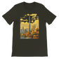 Dark olive Burj Khalifa Dubai animated skyline t shirt featuring vivid landmark illustration for global travel lovers architecture fans and streetwear culture enthusiasts made from premium cotton fabric perfect for casual wear and city fashion looks