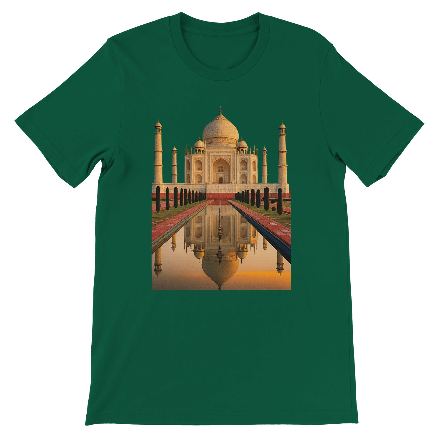 Evergreen green t-shirt showcasing the animated Taj Mahal from India. Built for DTG printing with 100 percent cotton fabric and modern fit. Great for cultural fashion lovers, world travel fans, and global streetwear style.