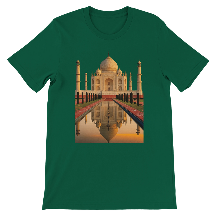 Evergreen green t-shirt showcasing the animated Taj Mahal from India. Built for DTG printing with 100 percent cotton fabric and modern fit. Great for cultural fashion lovers, world travel fans, and global streetwear style.