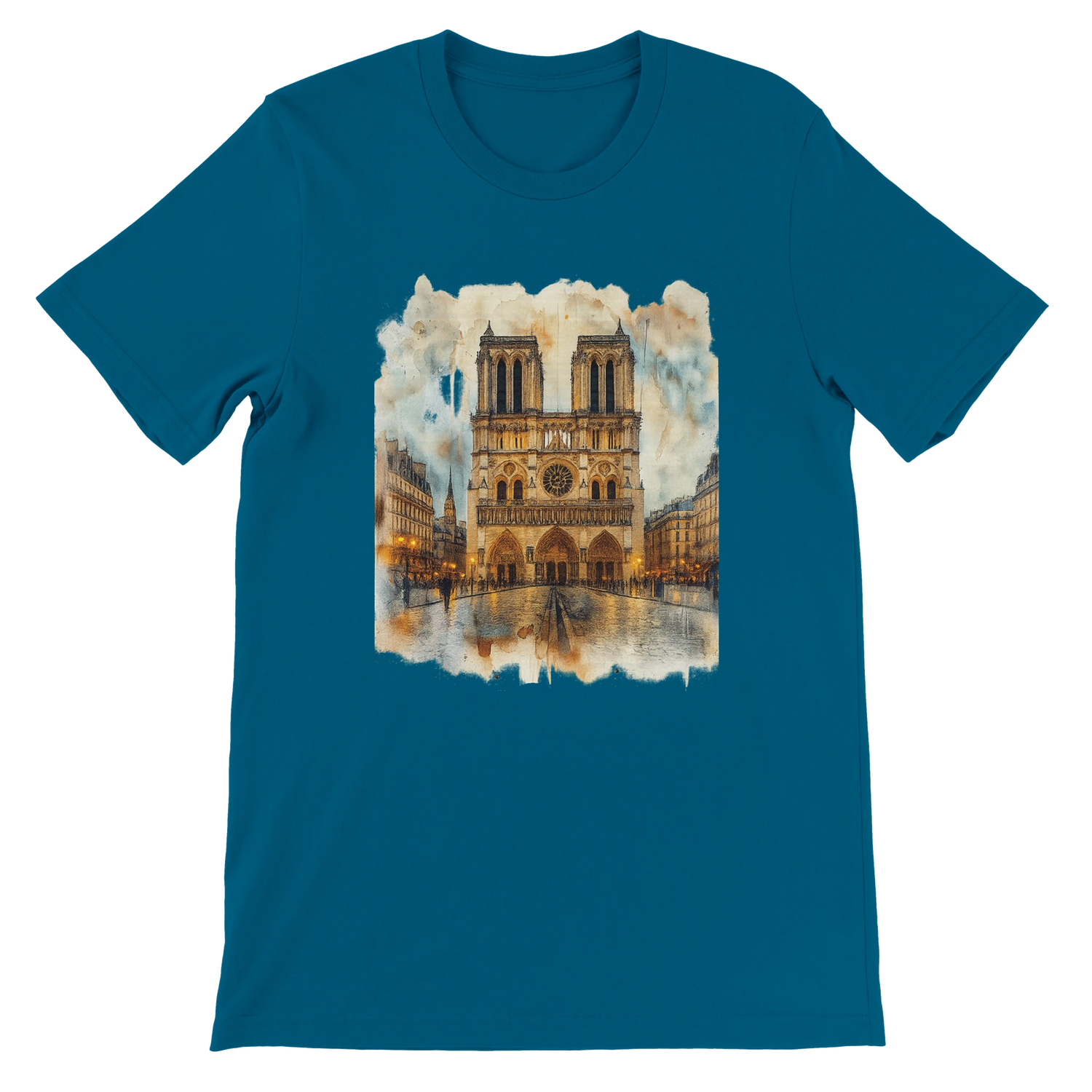 Deep teal Paris Notre Dame Cathedral travel t shirt featuring animated landmark print in vibrant DTG colors. High quality unisex fashion tee made from soft cotton for casual wear, street style, and travel culture lovers.