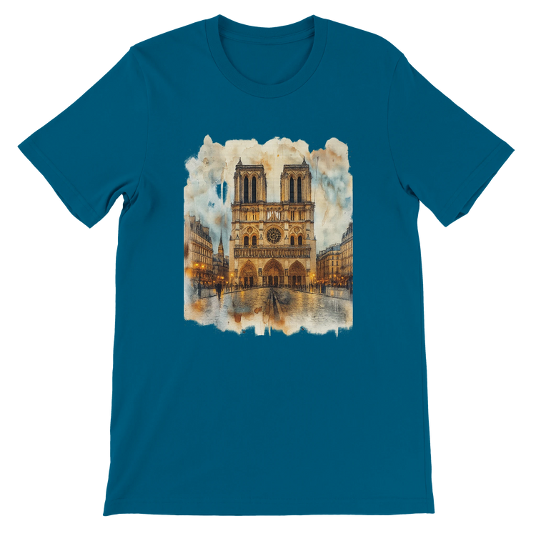 Deep teal Paris Notre Dame Cathedral travel t shirt featuring animated landmark print in vibrant DTG colors. High quality unisex fashion tee made from soft cotton for casual wear, street style, and travel culture lovers.