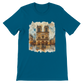 Deep teal Paris Notre Dame Cathedral travel t shirt featuring animated landmark print in vibrant DTG colors. High quality unisex fashion tee made from soft cotton for casual wear, street style, and travel culture lovers.