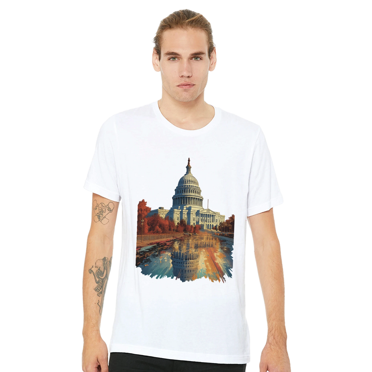 Minimalist animated White House design on a soft cotton tee. Clean and bold print-on-demand shirt tailored for lovers of modern, architectural streetwear fashion.
