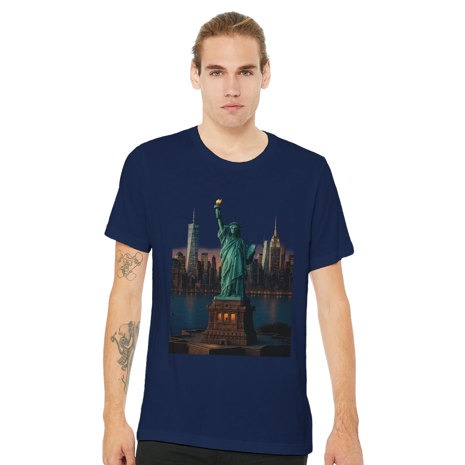Statue of Liberty New York City graphic t-shirt with animated art design made from premium soft cotton for comfort and style. Perfect patriotic fashion shirt for streetwear lovers travelers and USA landmark enthusiasts.