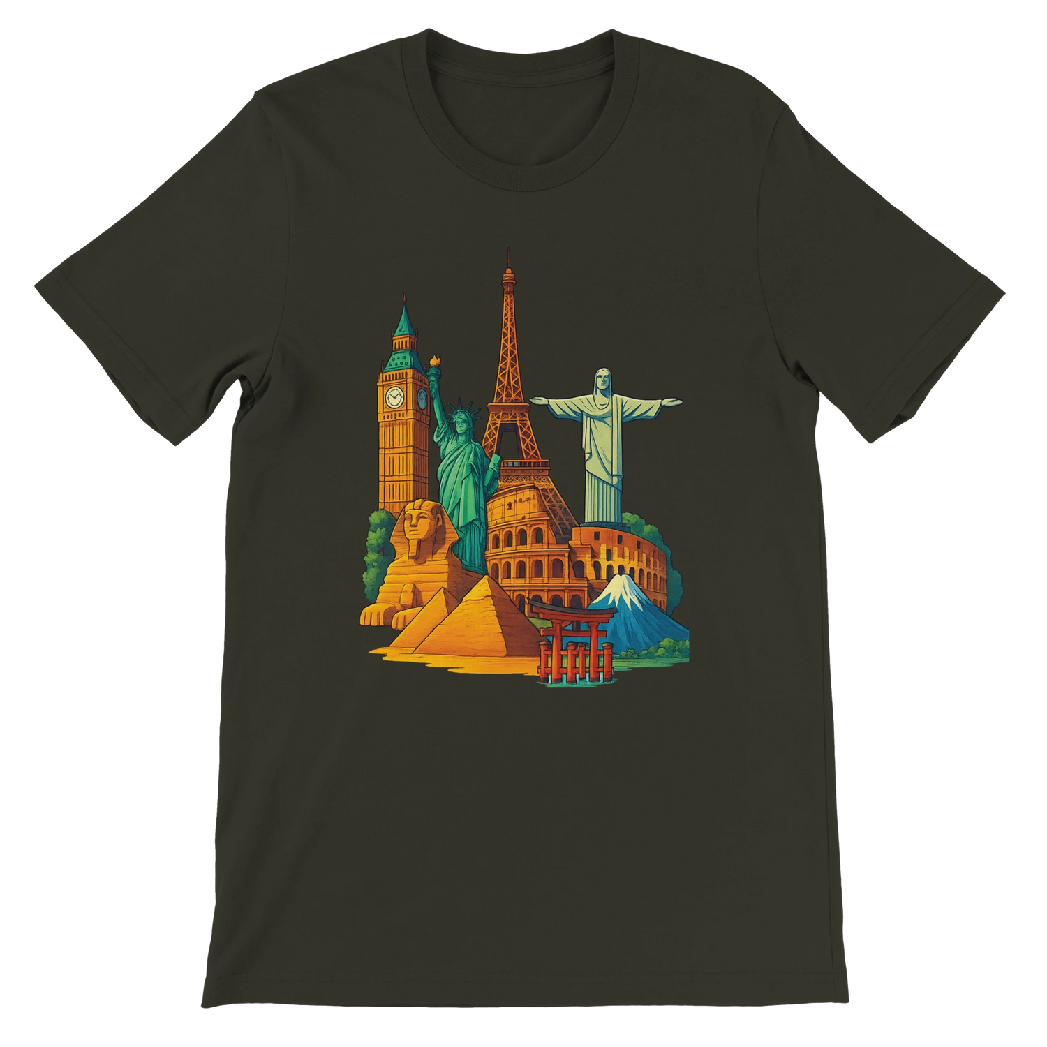 Dark Olive Famous Landmarks Animated Style T-Shirt featuring vibrant travel inspired landmark artwork for adventurous streetwear fans and culture lovers crafted from soft premium cotton in a comfortable unisex cut perfect for print on demand collections