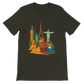 Dark Olive Famous Landmarks Animated Style T-Shirt featuring vibrant travel inspired landmark artwork for adventurous streetwear fans and culture lovers crafted from soft premium cotton in a comfortable unisex cut perfect for print on demand collections