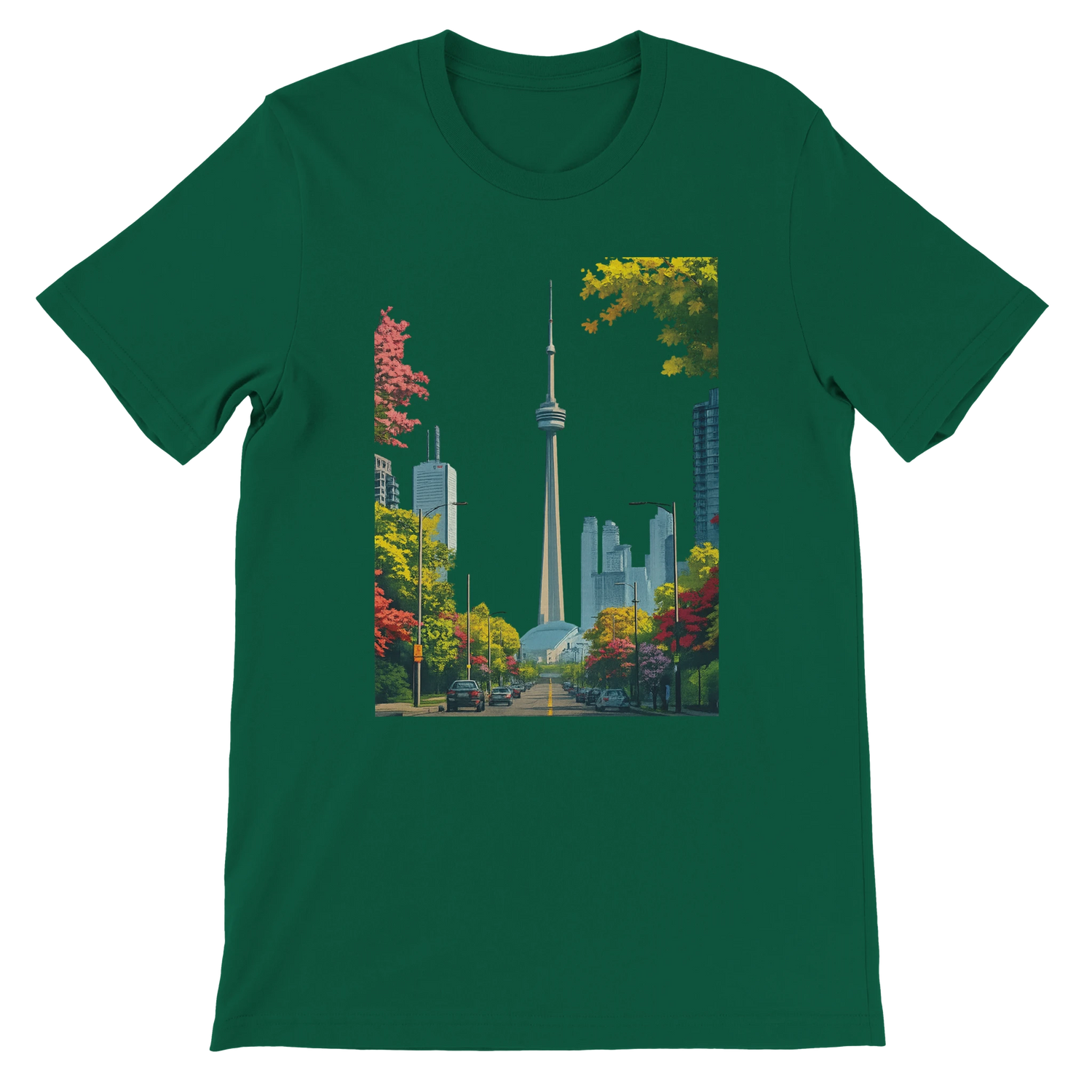 Evergreen Toronto skyline t shirt with animated CN Tower print on high quality breathable cotton. Perfect for world travelers and modern street style fans who want to wear iconic landmarks with a creative twist. Soft unisex tee made with eco friendly materials for lasting comfort.