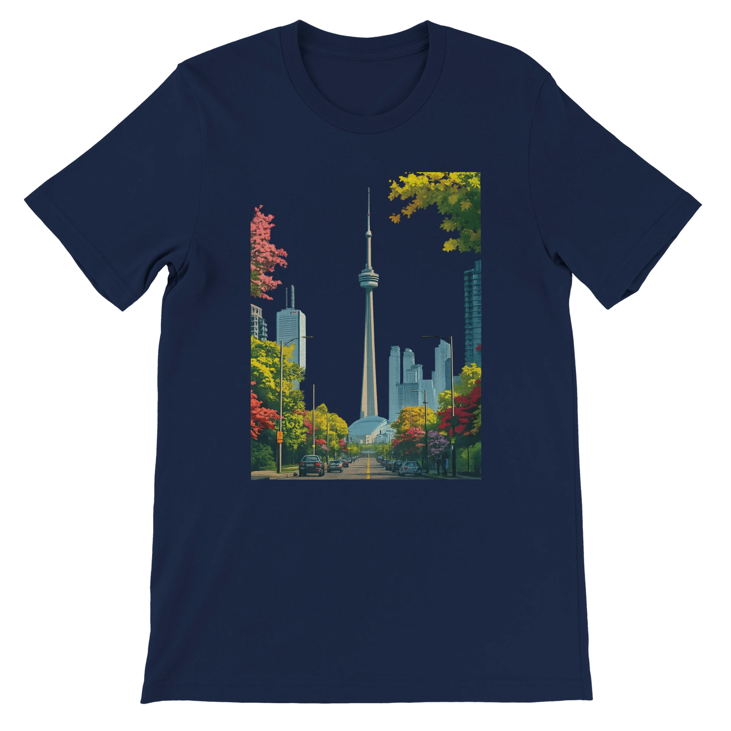 Navy Toronto skyline t shirt with artistic animated CN Tower and vibrant city backdrop. Premium unisex cotton top ideal for travelers, dreamers, and fans of modern streetwear. Comfortable DTG printed tee for everyday urban fashion.