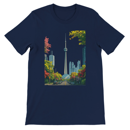 Navy Toronto skyline t shirt with artistic animated CN Tower and vibrant city backdrop. Premium unisex cotton top ideal for travelers, dreamers, and fans of modern streetwear. Comfortable DTG printed tee for everyday urban fashion.