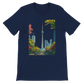 Navy Toronto skyline t shirt with artistic animated CN Tower and vibrant city backdrop. Premium unisex cotton top ideal for travelers, dreamers, and fans of modern streetwear. Comfortable DTG printed tee for everyday urban fashion.