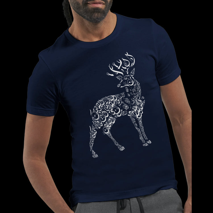 The CalligraDeer t-shirt blends Arabic calligraphy with minimalist deer graphics on premium eco-conscious cotton. A standout print-on-demand product ideal for modern wardrobe styling, cultural streetwear drops, and custom DTG shops.