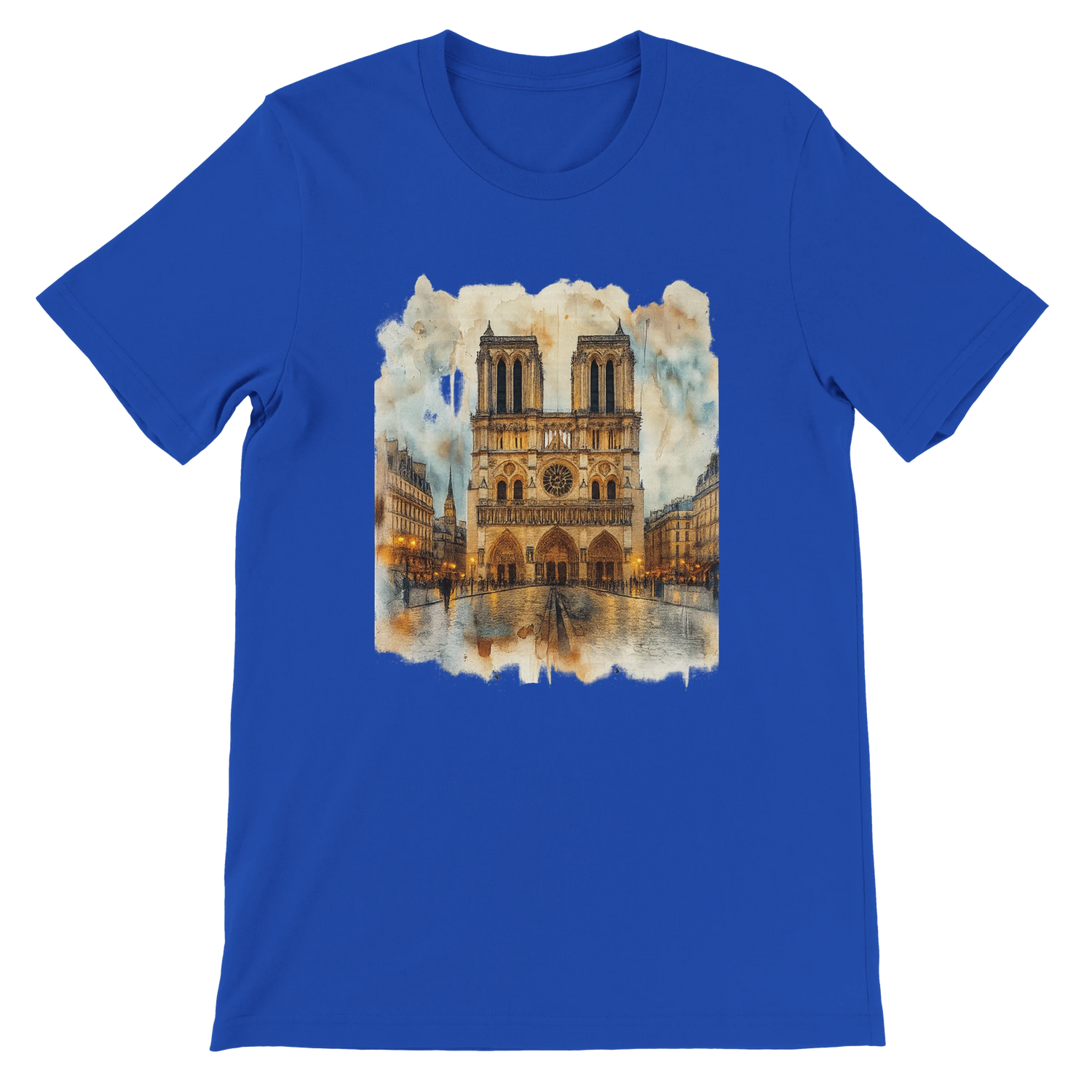 True royal blue Notre Dame Cathedral Paris France travel graphic t shirt with animated landmark illustration. Stylish unisex streetwear top crafted from soft Airlume cotton. Great for travelers, culture enthusiasts, and artistic fashion statement outfits.