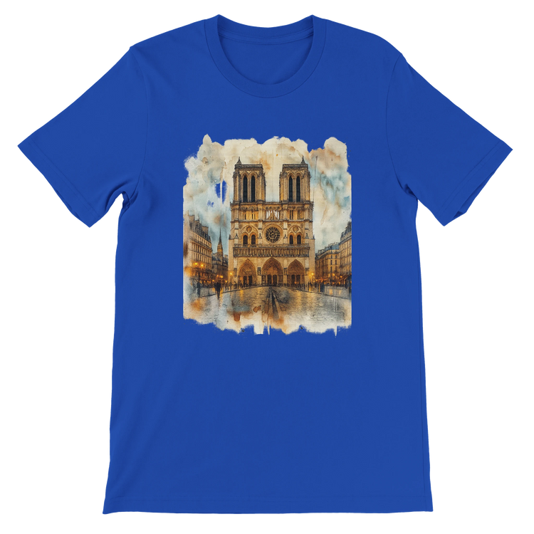 True royal blue Notre Dame Cathedral Paris France travel graphic t shirt with animated landmark illustration. Stylish unisex streetwear top crafted from soft Airlume cotton. Great for travelers, culture enthusiasts, and artistic fashion statement outfits.